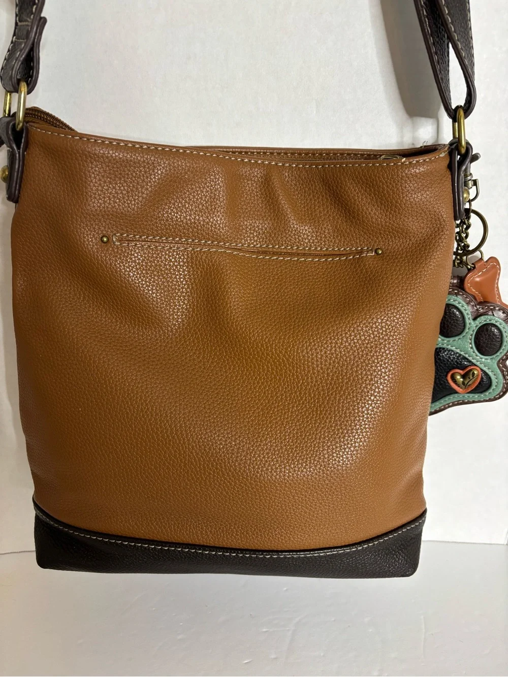 Chala Brown Paw-Applique Crossbody Bag with Contrast Trim